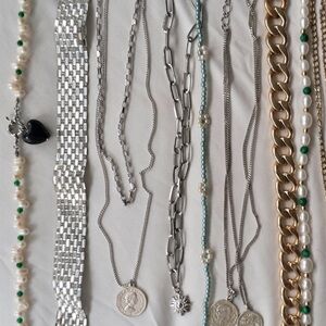 12pc Jewelry Set: Layered Necklaces Gold Silver Chunky Chain Rhinestone Choker